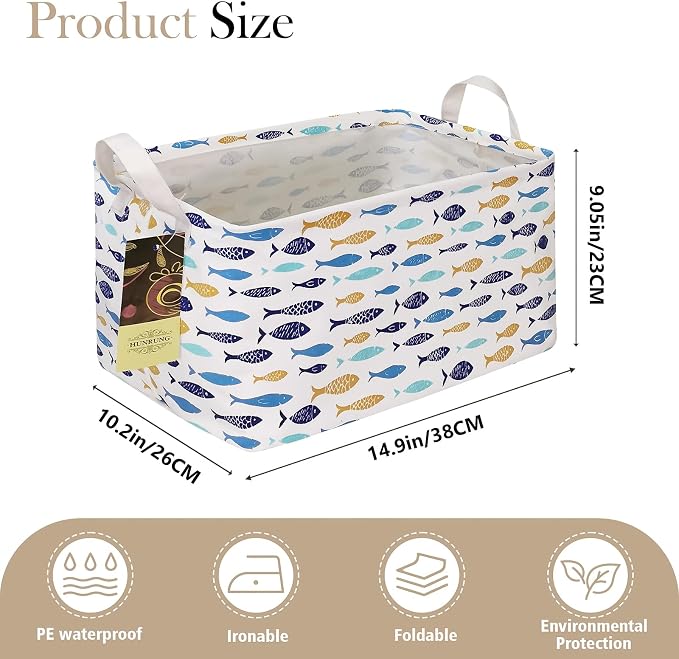 Rectangle Foldable Storage Basket Handles For Home, fish | Waterproof canvas material, reinforced handles, perfect for shelf use, organizes clothes, daily items and pet supplies - Image 7