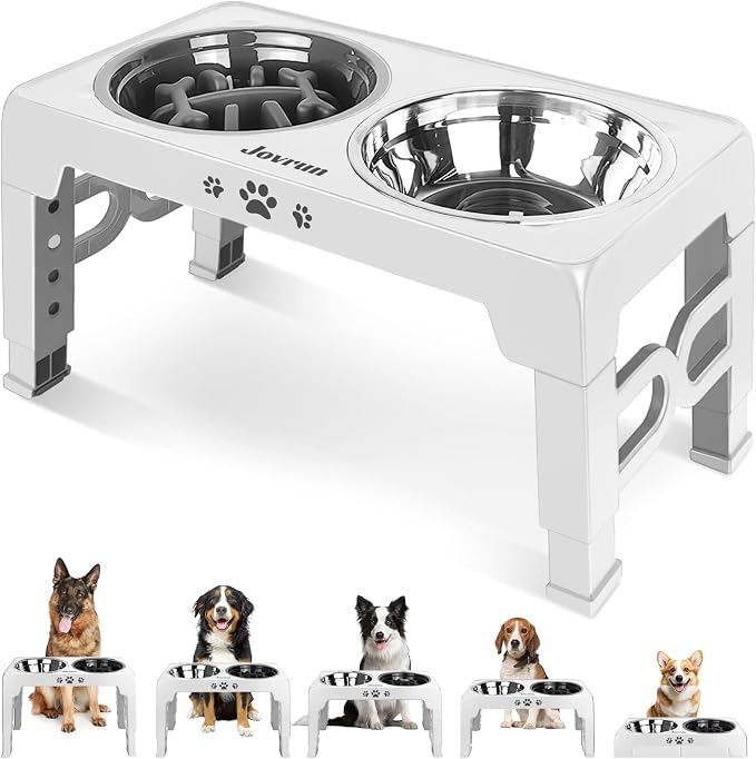 Jovrun Elevated Dog Bowls for Medium Large Size Dogs, Non-Slip Dog Feeder with 1*Stainless Steel Dishes & 1*Slow Feeder Bowl, 5 Heights Adjustable Raised Bowls to 3.15″-8.66″-9.84″-11.02″-12.2″ by Jovrun