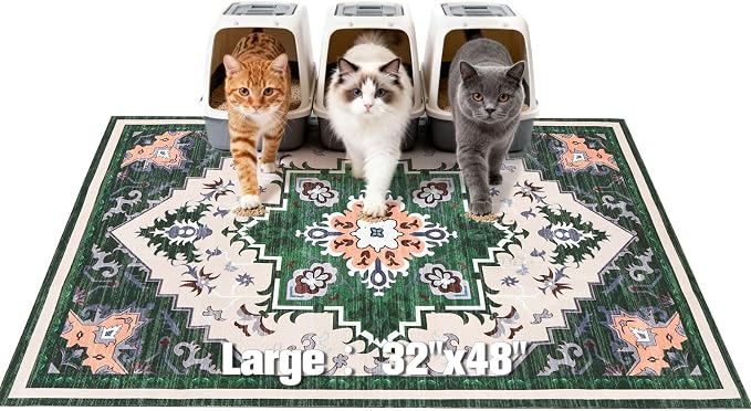 EXPAWLORER Cat Litter Mat, 32”x48” XL Non-Slip Urine Waterproof Litter Trapping Mat Easy to Clean Washable Litter Box Mat for Floor Soft on Kitty Paws, Indoor Food Mats Rug Pads for Bathroom Green by EXPAWLORER