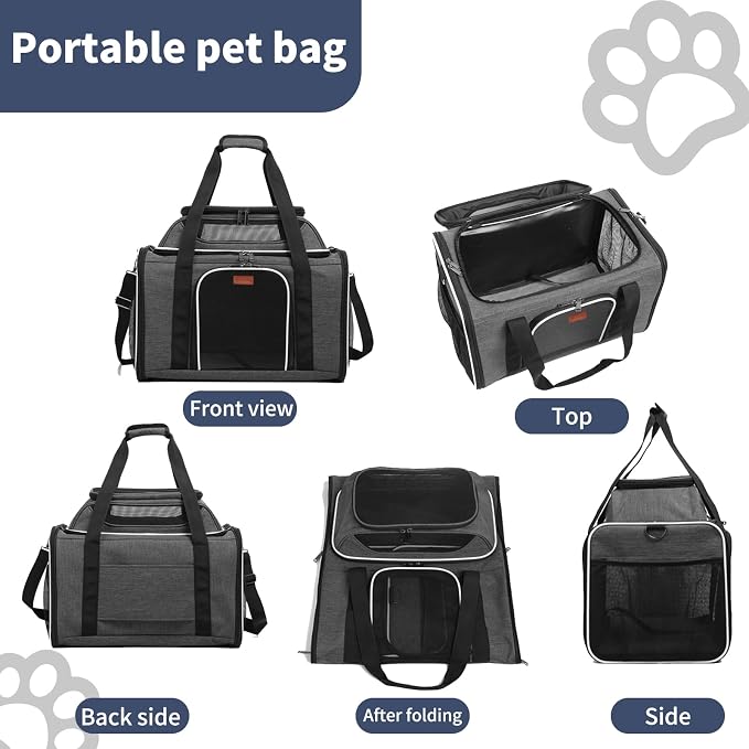 19" Large Pet Carrier for Cats & Small Dogs up to 25 lbs, Airline Approved Soft-Sided Dog Travel Bag, Top Expandable with Breathable Mesh, Washable Liner & Safety Tether. (Grey) - Image 3