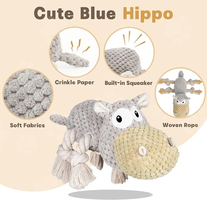 TOOPTATE Hippo Squeaky Dog Toy, Gray, Medium | Cute Plush Design, Rope Legs for Tugging, Helps Keep Dogs Busy, Suitable for Small, Medium, and Large Dogs - Image 2