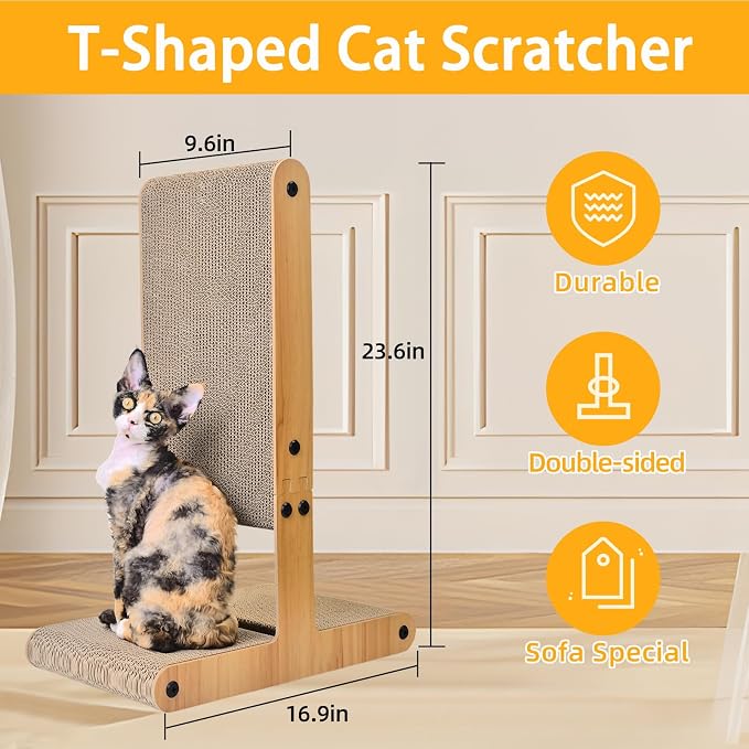Nekosan Cat Scratcher, T-Shaped Cat Scratcher for Indoor Cats, Double-Sided Cat Furniture Protector, 23.6x16.9x9.6 inch Large, Cardboard Cat Scratcher with Ball Cat Toy - Image 3