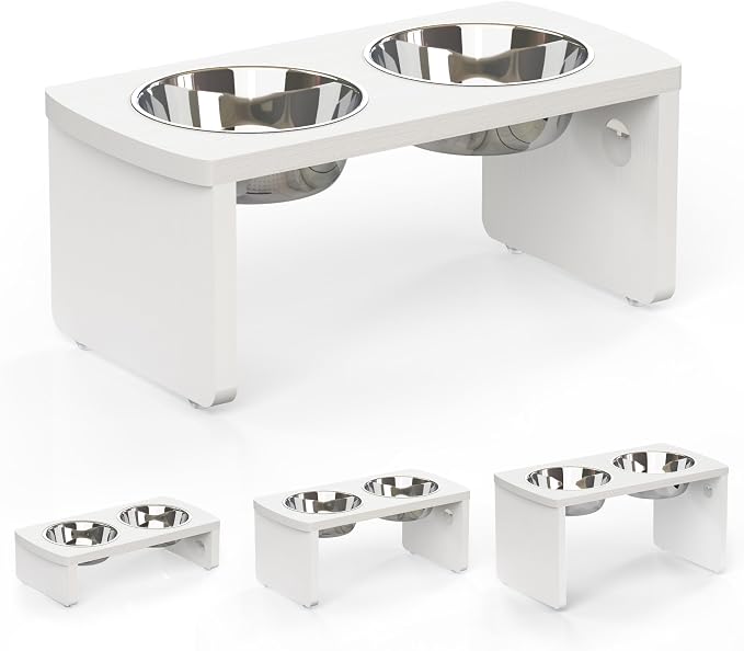 Elevated Dog Bowls, Waterproof Raised Dog Bowl for Medium Dogs, HIPS Poly Lumber Stand with 2 Stainless Steel Bowls, Indoor & Outdoor Use (7'' Tall-40 oz Bowl, White) by JoyoPawFamily