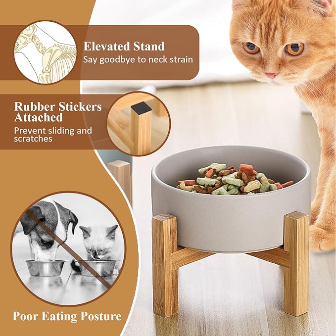 Elevated Ceramic Cat Bowl - Cat Food Bowl with Bamboo Stand - Raised Dog Dish for Puppies - Anti Vomiting, Stress Free - 13.5 oz / 400 ml - Pink - Image 3