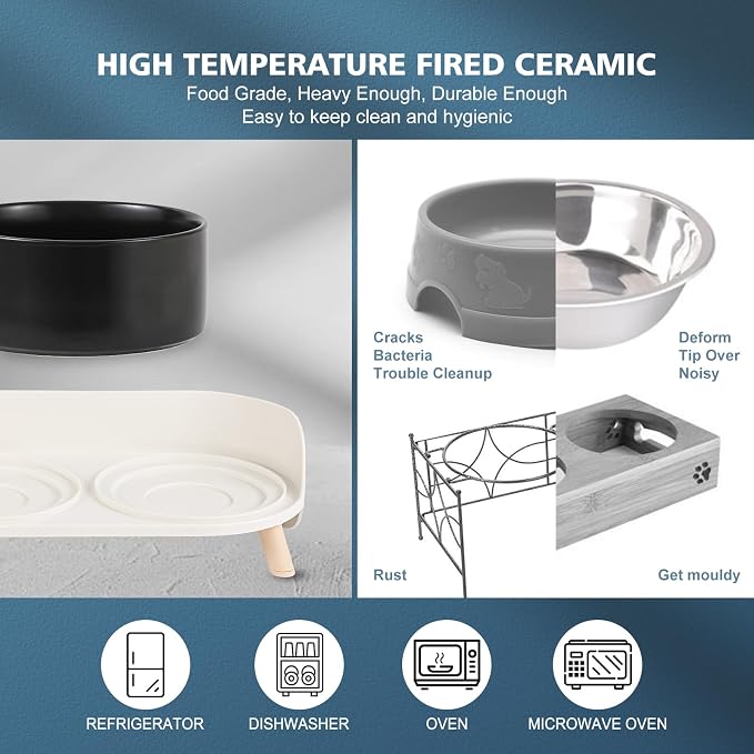 Elevated Ceramic Dog Bowl Set - Double Dog Feeding Bowls with Stand Splash Proof - Raised Dishes for Food and Water - Ideal for Small to Medium Dogs - 2 x 720 ml - 11.3 oz - Black - Image 3