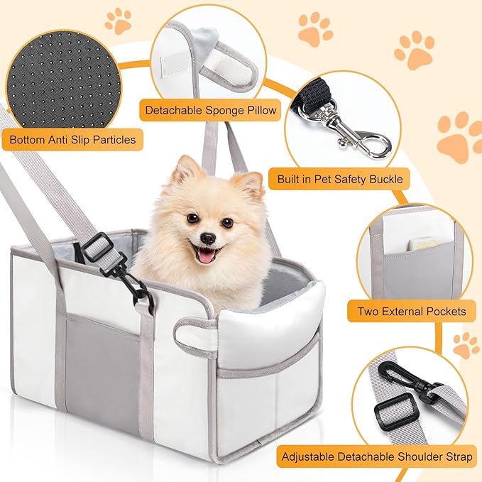 Portable Dog Car Seat for Small Dogs, Puppy Car Seat, Beige | Booster Seat With Safety Leash & Adjustable Straps Keeps Small Dogs Secure. Removable Washable Cushion. Fits Most Cars. - Image 3