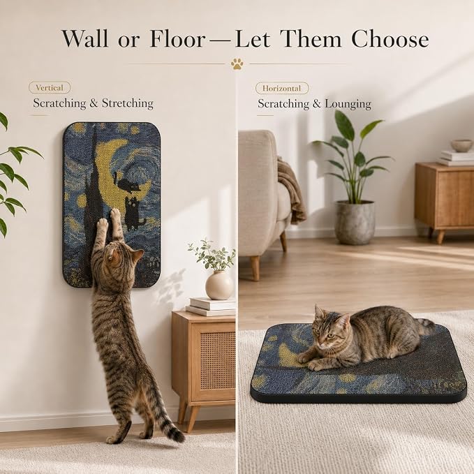 Cat Wall Scratcher, Art Cat Scratching Board for Indoor Cats | Wall Mounted Cat Scratch Pad, Water-Based Ink, Hook&Loop Strips, Floor or Wall Use, 16.7x11x1 Inch, Starry Night - Image 5