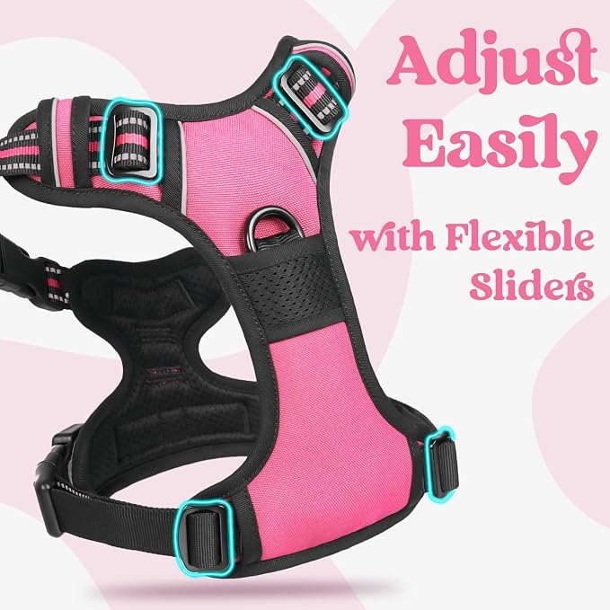 rabbitgoo Dog Harness Medium Sized, Updated Easy On & Off with 3 Buckles | No Pull No Choke, Walking with 2 Clips and Handle, Adjustable Soft Reflective, Rose Pink, Medium - Image 4