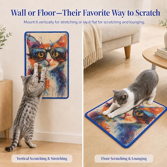 Art Sisal Cat Scratcher Mat, Cat Wall Scratchers for Indoor Cats | Wall Mounted Cat Scratcher, Natural Sisal, No-Drill Hook & Loop Setup, Floor or Wall Use, 23.6 x 15.7 Inch, Graffiti Cat - Image 7