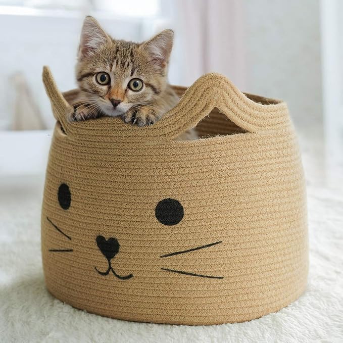Large Woven Rope Cat Toy Basket with Cat Face Design, Jute | 15.7" x 11.8" Toy Bin & Box for Living Room Nursery, Baby Storage Basket for Towels, Blankets, with Sturdy Handles - Image 7