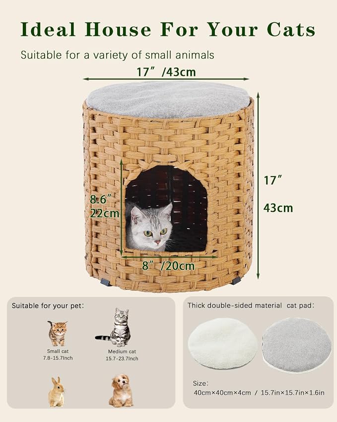 SETVSON Cat House for Indoor Cat, Large Double Cat Houses Bed, Natural | Handwoven PE Rattan Cave with One Soft Pad, 17 x 17 x 17 In Foldable Kitten Hideaway, Double-Level Play & Nap Spot - Image 5