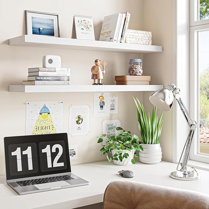 Fixwal Floating Wall Shelves for Decor (White, Set of 2, 35.4Inch) | MDF Shelf with Metal Brackets, Space Saving for Books , Decor, Fits Bathroom, Kitchen, Bedroom, or Office - Image 4