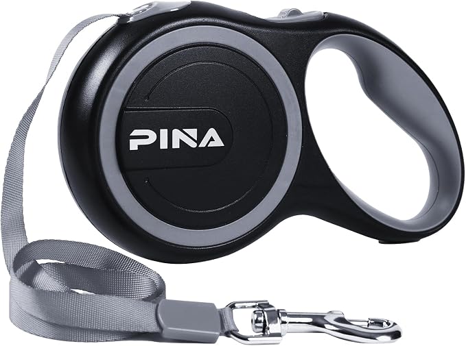 PINA Retractable Dog Leash, 16ft Dog Leash for Small Medium Dogs Up to 44lbs, 360° Tangle-Free Strong Reflective Nylon Tape, with Anti-Slip Handle, One-Handed Brake, Lock - Black Gray by PINA
