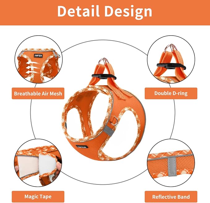 AMTOR Small Dog Harness with Leash Set, No Escape Easy Walk Puppy Harnesses for Training Walking, Step-in Reflective Soft Dogs Vest for XS S Medium Extra-Small Large Sized Dog(Orange/White,L) - Image 4