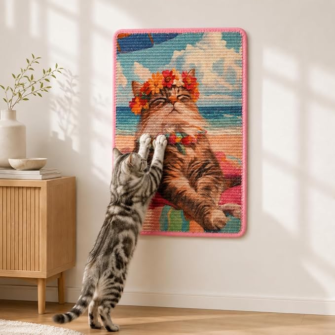 Art Sisal Cat Scratcher Mat, Cat Wall Scratchers for Indoor Cats | Wall Mounted Cat Scratcher, Natural Sisal, No-Drill Hook & Loop Setup, Floor or Wall Use, 23.6 x 15.7 Inch, Beach Cat by LESISSMER