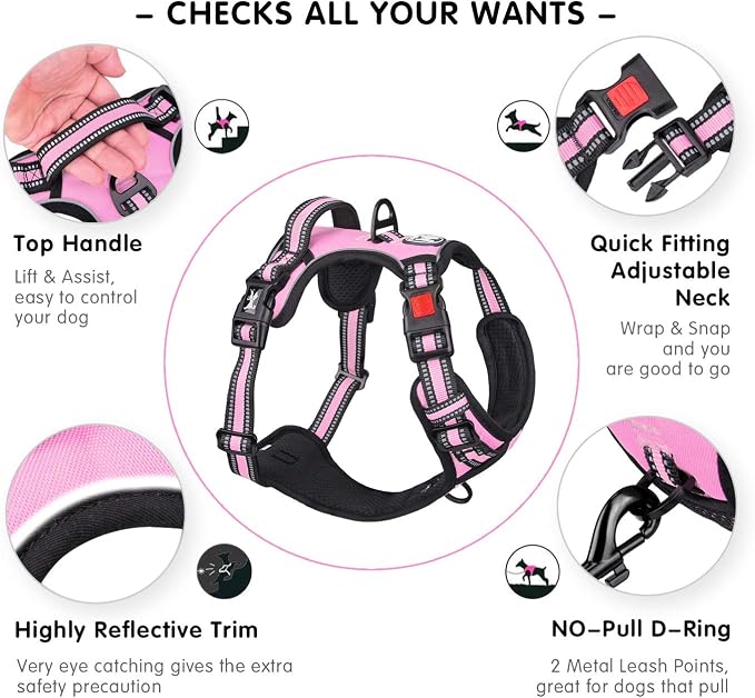 PoyPet Dog Harness Small, No Pull Vest with Front/Back Clip & Neck Buckle | No Choke, Lockable, Reflective, 2 Lead Rings, Adjustable, Soft Padded Handle for Training Walking, S, Light Pink - Image 5