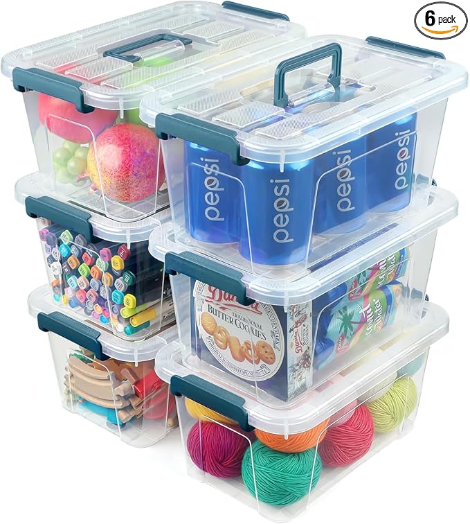 NUMIFUN Plastic Storage Bins with Lids 6 Pack, 7 Quart Storage Containers with Black Buckle Latch, Stackable Storage Containers for Home Pantry Office Classroom Organization, White by NUMIFUN