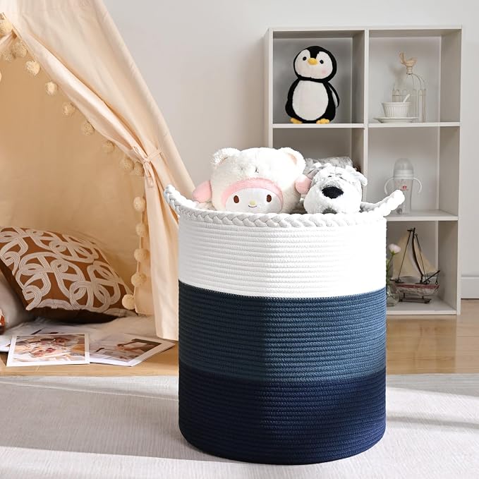 Laundry Hamper for Organizing, 52L Large Laundry Baskets, Cotton Rope Woven Blanket Basket, Collapsible Laundry Hamper for Living Room, Nursery, 15"×18", Dark Blue - Image 5