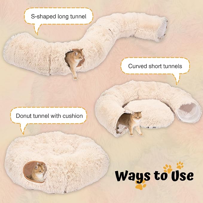 Avont Cat Tunnel Bed, Washable Cushion, Large 3-in-1 Play Tube for Cats | Play, Rest & Snuggle | Spacious for Big Cats | Durable Toggle Design | Removable Washable Cushion | Beige - Image 2