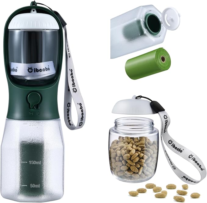 Cibaabo Dog Water Bottle with Food Container & Poop Bag Holder & Filter | Feeding & Hydration & Waste All in One | Travel Puppy Water Bowl | Portable Pet Dispenser | Dog Gifts | for Walking Beach by Cibaabo