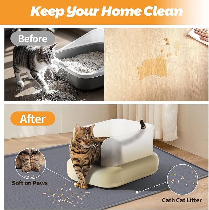 Cat Litter Mat for Litter Box 51"x25.6" Extra Large Silicone Mat,Light Grey | Waterproof Non-Slip Litter Box Mat with Raised Edges, Cat Litter Trapping Mat for Pet, Cat Litter Rug for Floor - Image 4