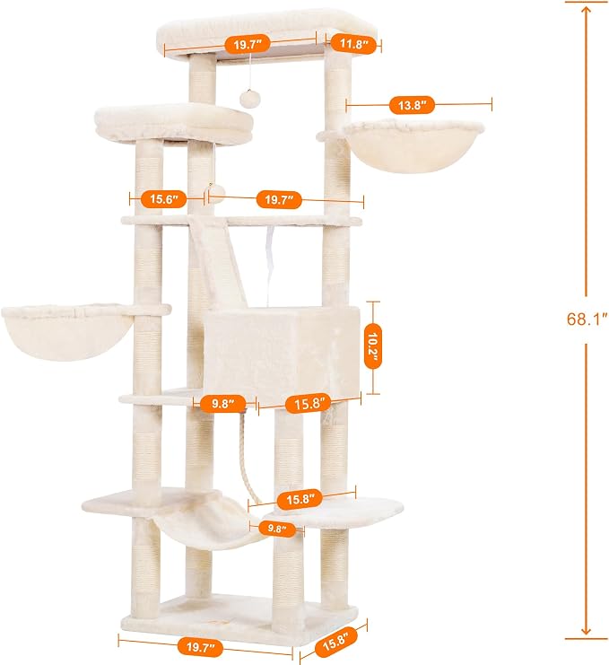 Heybly Cat Tree, 68 inch Multi-Level Cat Tower for Indoor Cats HCT025M | Cat Condo with 2 Widened Plush Perches, 2 Cozy Baskets, Scratching Board and Big Caves, Beige - Image 3