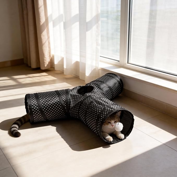 Cat Tunnel Collapsible, More Interactive Indoor Play Toy Tube for Cats & Kittens with Hanging Ball and Peekaboo Holes(Y) - Image 6