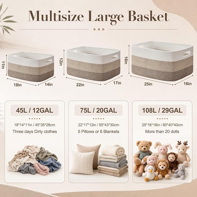 OIAHOMY Blanket Basket Laundry Basket Dog Toy Basket 75L Gradient Brown | Large Storage Basket,Baby Basket,Toy Storage,Woven Rope Basket for Blankets,Blanket Storage for Living Room - Image 2