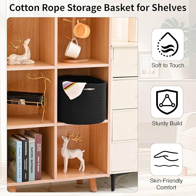 ICERZCZ Woven Cotton Rope Storage Basket for Organizing, Cute Decorative Baskets for Gifts Empty, Organizer Bins for Dog Toy, Baby Laundry, 17“×13”×9.5“, Black - Image 5