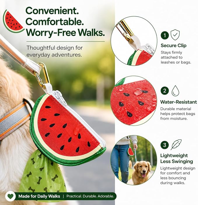 Watermelon Shaped Dog Poop Bag Holder Leash Attachment | Zipper Poop Bag Holder Dispenser & Trash Bag Carrier for Dog Walking, Cute Leash Attachable Dog Poop Bag Holder - Image 7