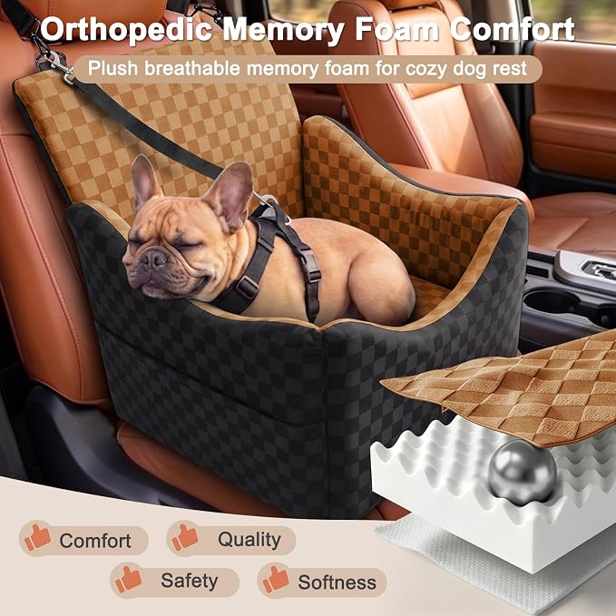JOEJOY Elevated Dog Car Seat for Small/Medium Dogs up to 35 lbs, Memory Foam Booster Seat with Detachable Washable Cover, Travel-Safe Car Bed with Safety Belts & Storage Pockets, Brown - Image 3