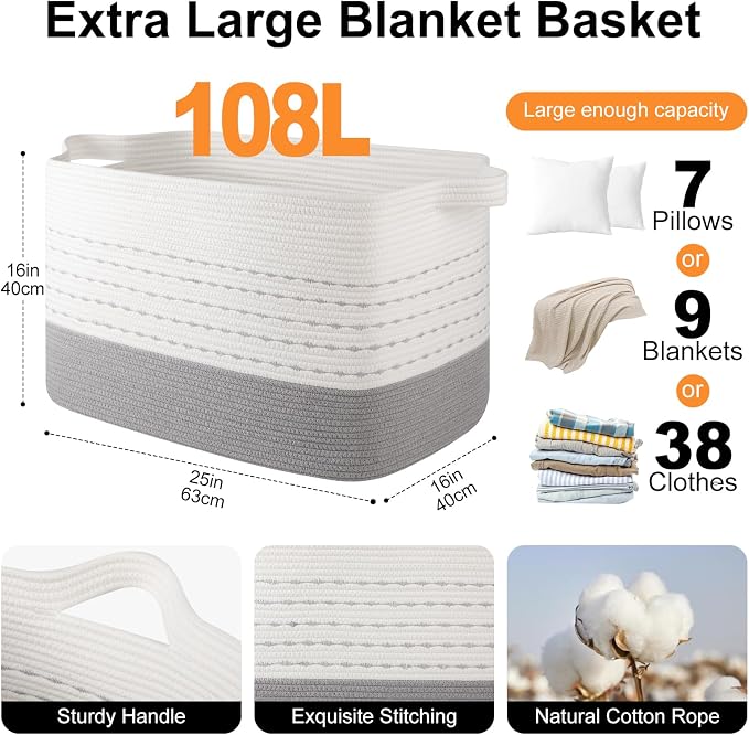OIAHOMY 108L Extra Large Blanket Basket, 25”x16”x16” Rectangle Woven Cotton Rope Baskets for Living Room, Toy Storage with Handle- Gradient Grey - Image 3