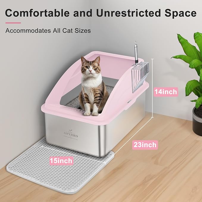 AIPERRO Stainless Steel Litter Box | XXL Deepened 8" Design Metal Cat Box | High Sided with Lid for Big Cats | Anti-Urine Leakage | Non-Stick Bottom & Easy to Clean | Includes Litter Mat & Metal Scoop - Image 5