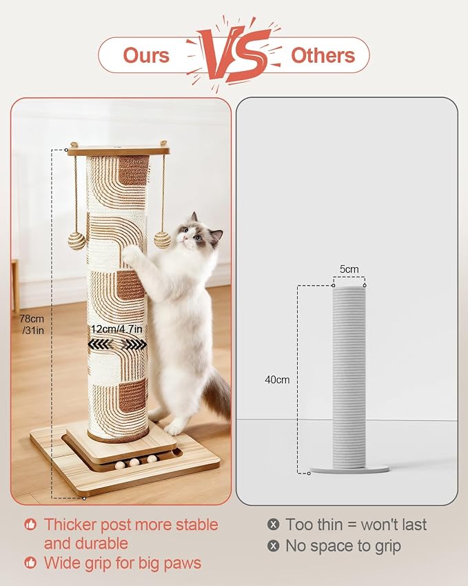 Odoland 31" Tall Large Cat Scratching Post with Replaceable Scratcher Pad | Natural Sisal, Solid Wood Base, Sturdy Durable Replaceable Pad, Interactive Track, Top Perch, Indoor Adult Cats Kitten - Image 3