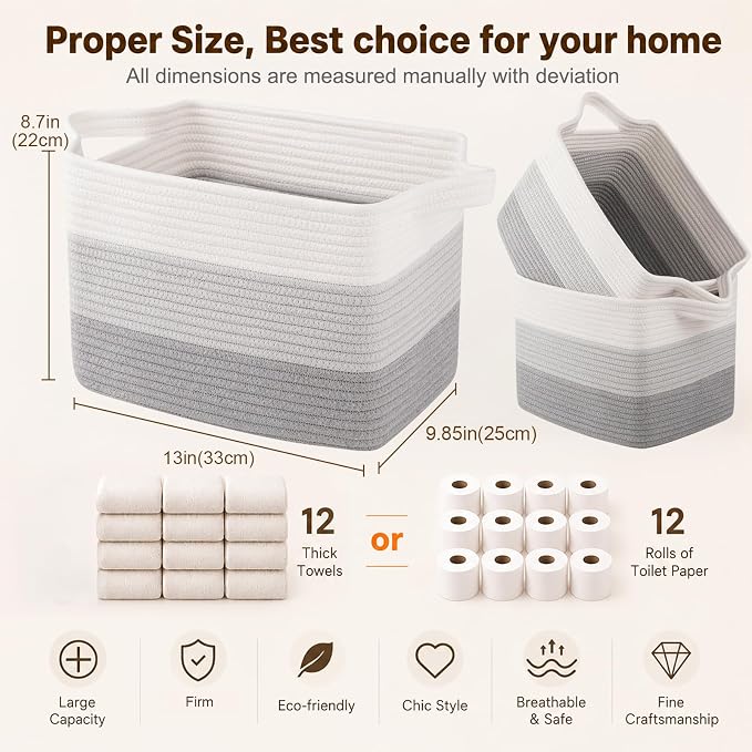 OIAHOMY Storage Basket, Woven Baskets for Storage, Cotton Rope Basket for toys,Towel Baskets for Bathroom - Pack of 3, Gradient Gray - Image 5