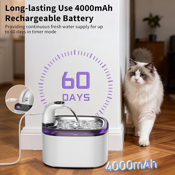 Cat Water Fountain Cordless 118oz/3.5L Wireless & Battery Operated Pet Water Fountain for Indoor Cats, Stainless Steel Tray with Sensor & Timer Modes, Ultra-Quiet, BPA-Free (Cat Fountain+8Filters) - Image 3
