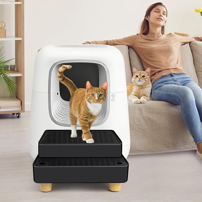 Extra Large 2 Steps Cat Litter Box Step Ramp, Cat Litter Catcher Mat with Wooden Feet, Filter Function, Cat's Pedal Stool for Self-Cleaning Litter, Suitable Kitten & Elderly Cats (Black) - Image 7