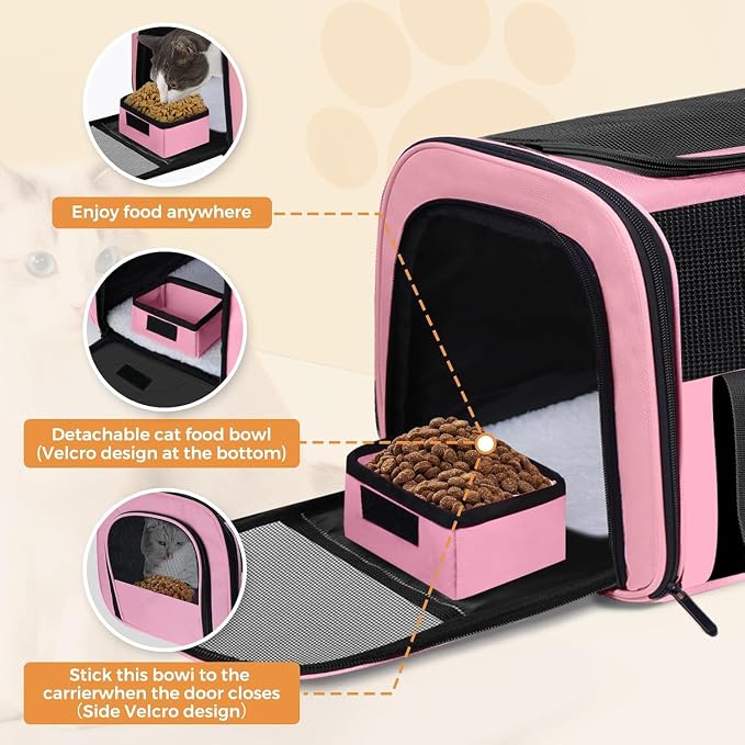 Large Soft Cat Carrier with Detachable Food Bowl,Pet Bag (Up to 28 lbs) | Puppy Kennel with Lockable Zippers for Small Dog, Kitten,Medium Travel Carrying Case for Car Airline Transport,Pink - Image 5