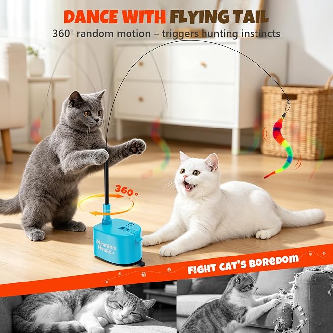 Interactive Cat Toys For Indoor Cats, 360° Flying Automatic Cat Toy, Blue | Rechargeable, Strong Suction Base, Self-Play & Handheld, Electric Spin Game Enrichment Toy, Long Kitty Wand for Bored Cats - Image 2