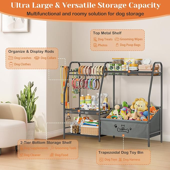 Lomivra Large Dog Toy Basket with Dog Storage Organizer, Trapezoid Toy Bin Box with Collar Leash Holder Hook, Dogs Toy Holder Chest Pet Storage Cabinet for Living Room Dogs Essentials - Image 5