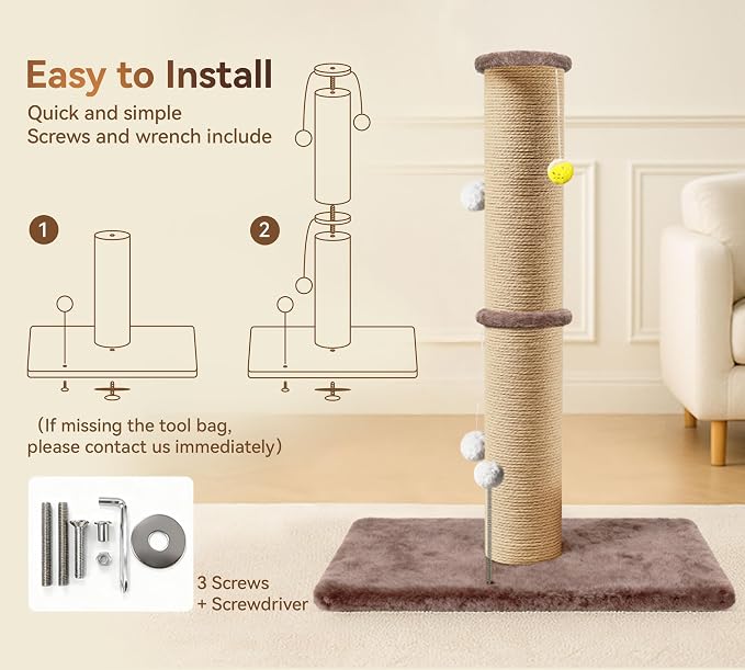 5-Inch Sisal Cat Scratching Post, 36" Tall Scratch Tower, Brown | 6.5" Top Perch, 20.8×15.9" Stable Base, Durable Scratcher, For Indoor Cats - Image 6