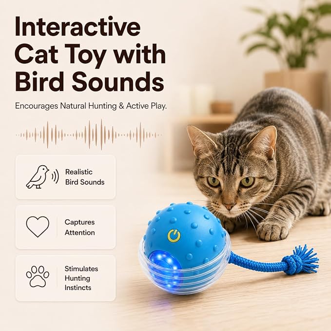 Interactive Rolling Cat Ball, Motion Activated Automatic Cat Toy | Smart Play, High Power, Anti-Stuck Rolling, Carpet & Hardwood, Chirping Sound, USB-C Rechargeable, 3 Modes, Durable - Image 4