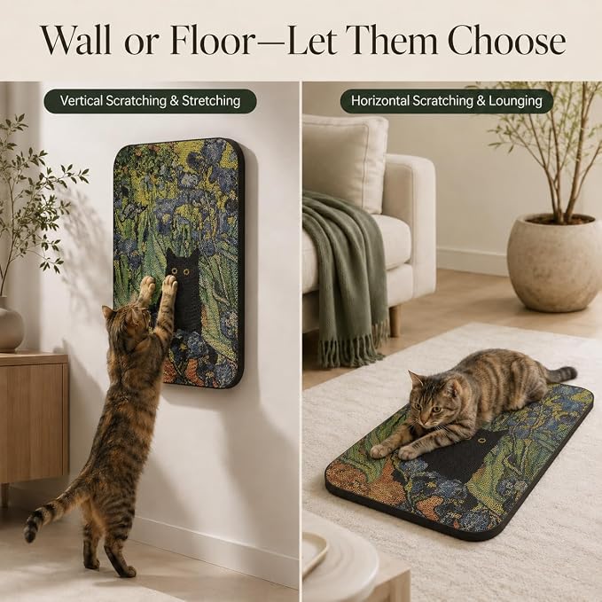 Cat Wall Scratcher, Art Cat Scratching Board for Indoor Cats | Wall Mounted Cat Scratch Pad, Water-Based Ink, Hook&Loop Strips, Floor or Wall Use, 16.7x11x1 Inch, Irises - Image 5