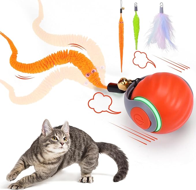 BABORUI Interactive Cat Toy Ball - Automatic Interactive Cat Toys for Indoor Cats with 3 Tails, 2 Speeds Rechargeable Enrichment Toys for Small/Medium/Large to Keep Them Busy (Orange) by BABORUI