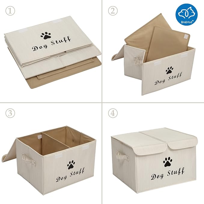 Large Dog Toys Storage Box Canvas Storage Basket Bin Organizer with Lid - Collapsible Linen Bin Ideal for Organizing Dog Cat Toys and pet Stuff-PP Boad-17" x 12" x 10" - Slub Beige - Image 5