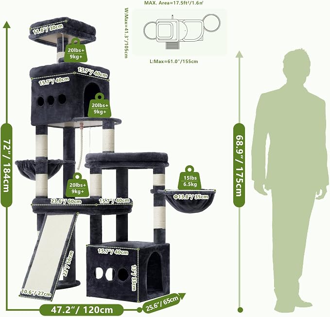 Heybly Cat Tree 72.4-Inch Anti-Tip Cat Tower with Spacious Perches HCT060G | All-in-One Cat Furniture for Large Cats, Multiple Interactive Areas, Extra-Large Sisal Scratching Board, Smoky Gray - Image 5