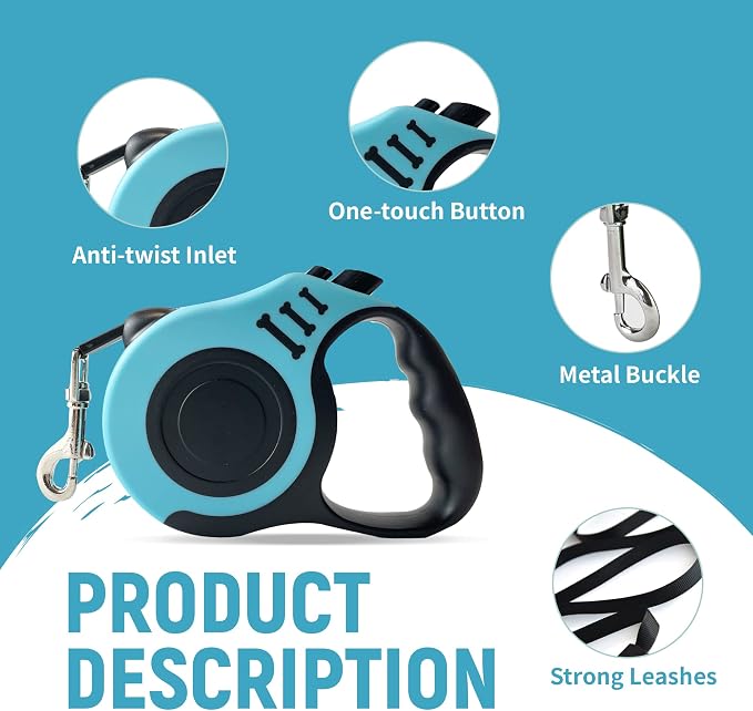 Retractable Dog Leash Automatic Telescopic Tractor Dog Tape | Pet Tape 10/16 FT Durable and Convenient, with Non-Slip Handle, Suitable for Small and Medium-Sized Dogs Lake Blue - Image 5