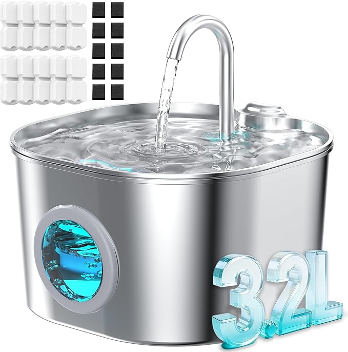 Stainless Steel Cat Water Fountain: 108oz/3.2L Pet Water Fountains Cat Watering Fountain Indoor Automatic Waterer Dispenser for Drinking Small Dogs Water Bowl Metal Kitty Faucet Watering Supplies by HOOISE