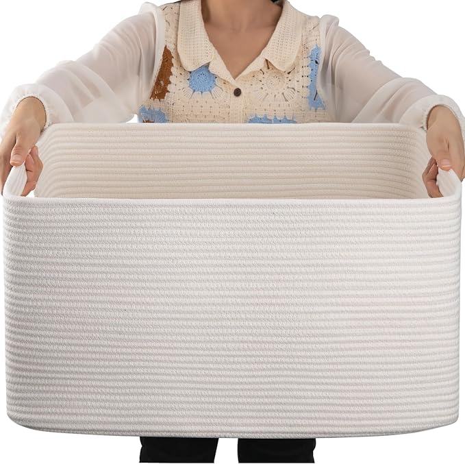 OIAHOMY 75L Large Blanket Basket, Woven Cotton Rope Baskets for Organizing, 22”x17”x12”, Blanket Basket living Room, Bedroom, Nursery, Dog Toy Storage Bins, White by MasterofSpaceOptimization
