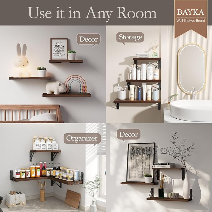 BAYKA Floating Shelves for Wall, Book Shelf for Bedroom, Wall Decor Shelves for Living Room Kitchen, Wood Floating Shelf for Home Decor, Corner Shelf for Bathroom, Office(Dark Brown,Set of 3) - Image 3
